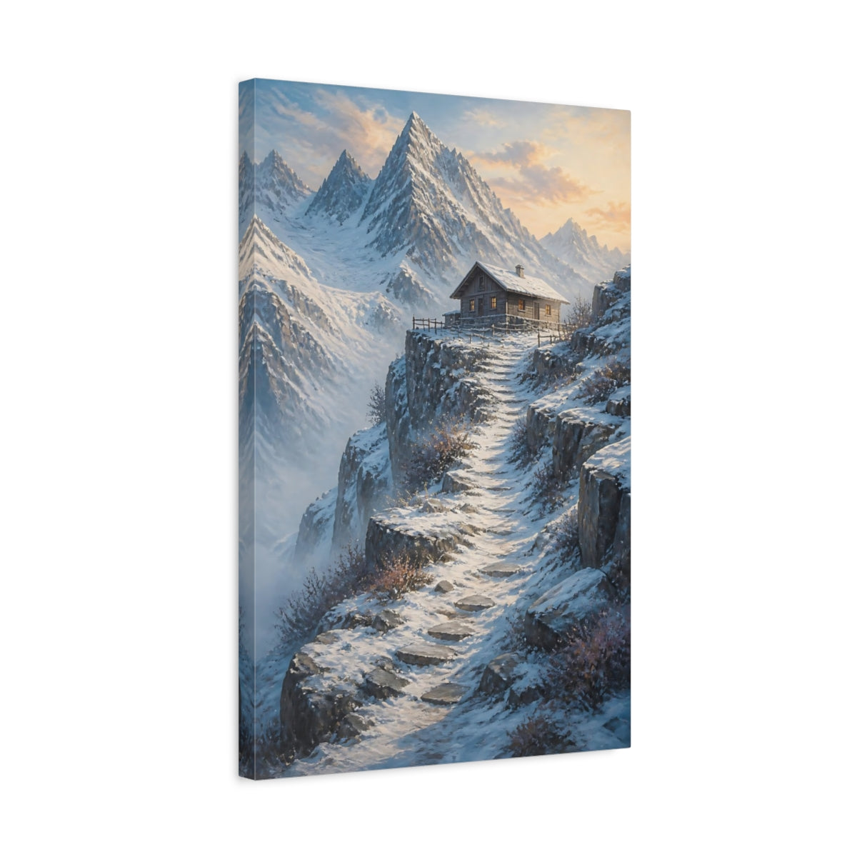 Side Mockup 3. Nature Mountain Cabin Winter Mountain Cabin shown as stretched canvas wall art