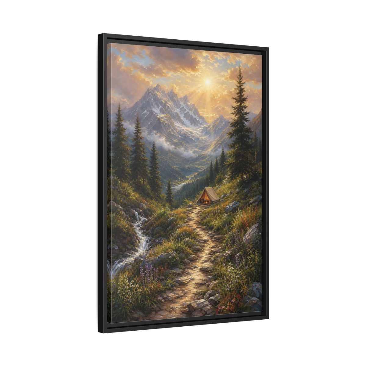 Side Mockup 14. Nature Mountain Campsite Golden Mountain Scene shown as stretched canvas wall art