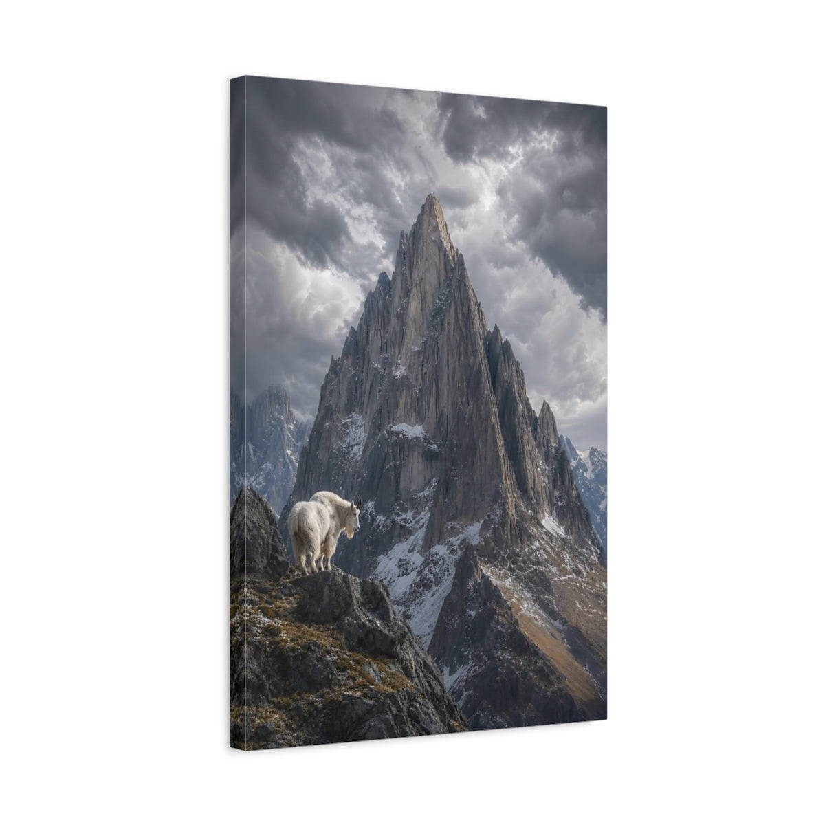 Side Mockup 3. Nature Mountain Goat Grey Mountain Goat shown as stretched canvas wall art