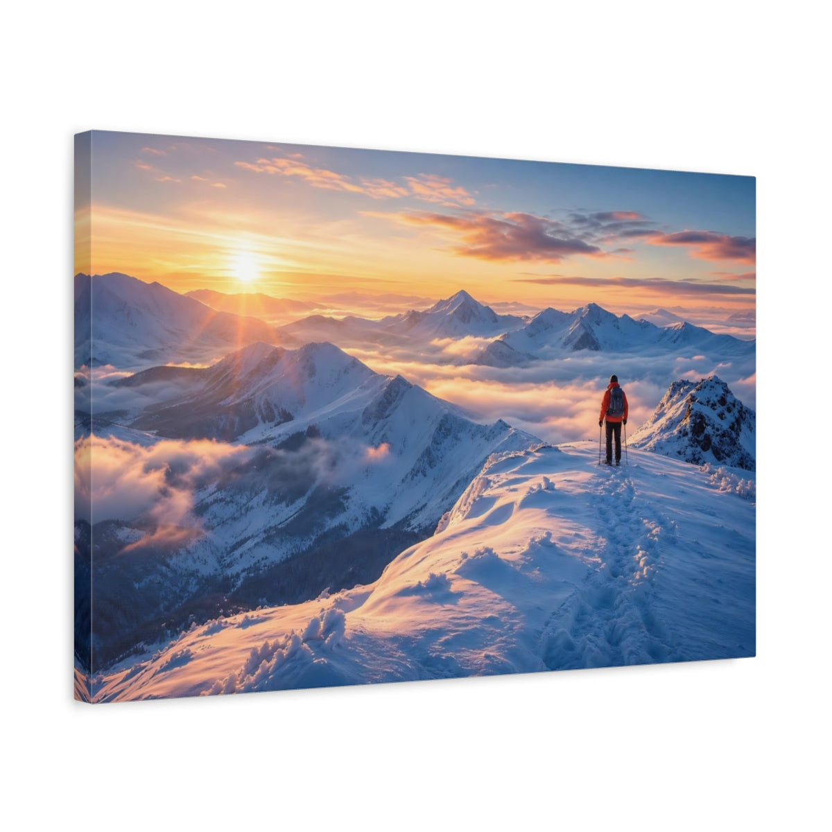 Side Mockup 3. Nature Mountain Hiker Winter Sunset shown as stretched canvas wall art