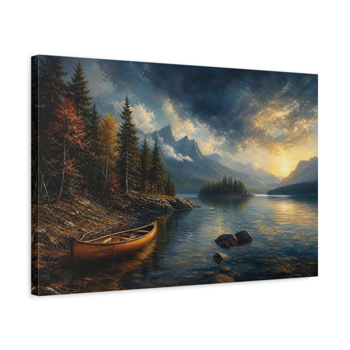 Side Mockup 3. Nature Mountain Lake Autumn Mountain Lake shown as stretched canvas wall art
