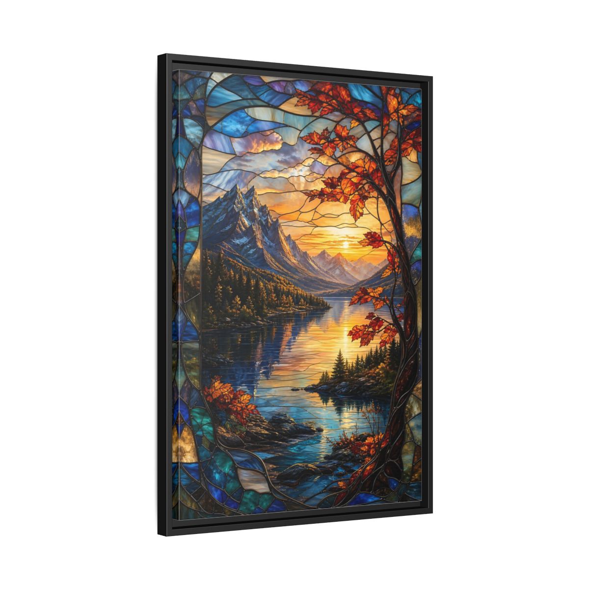 Side Mockup 14. Nature Mountain Lake Autumn Stained Glass shown as stretched canvas wall art