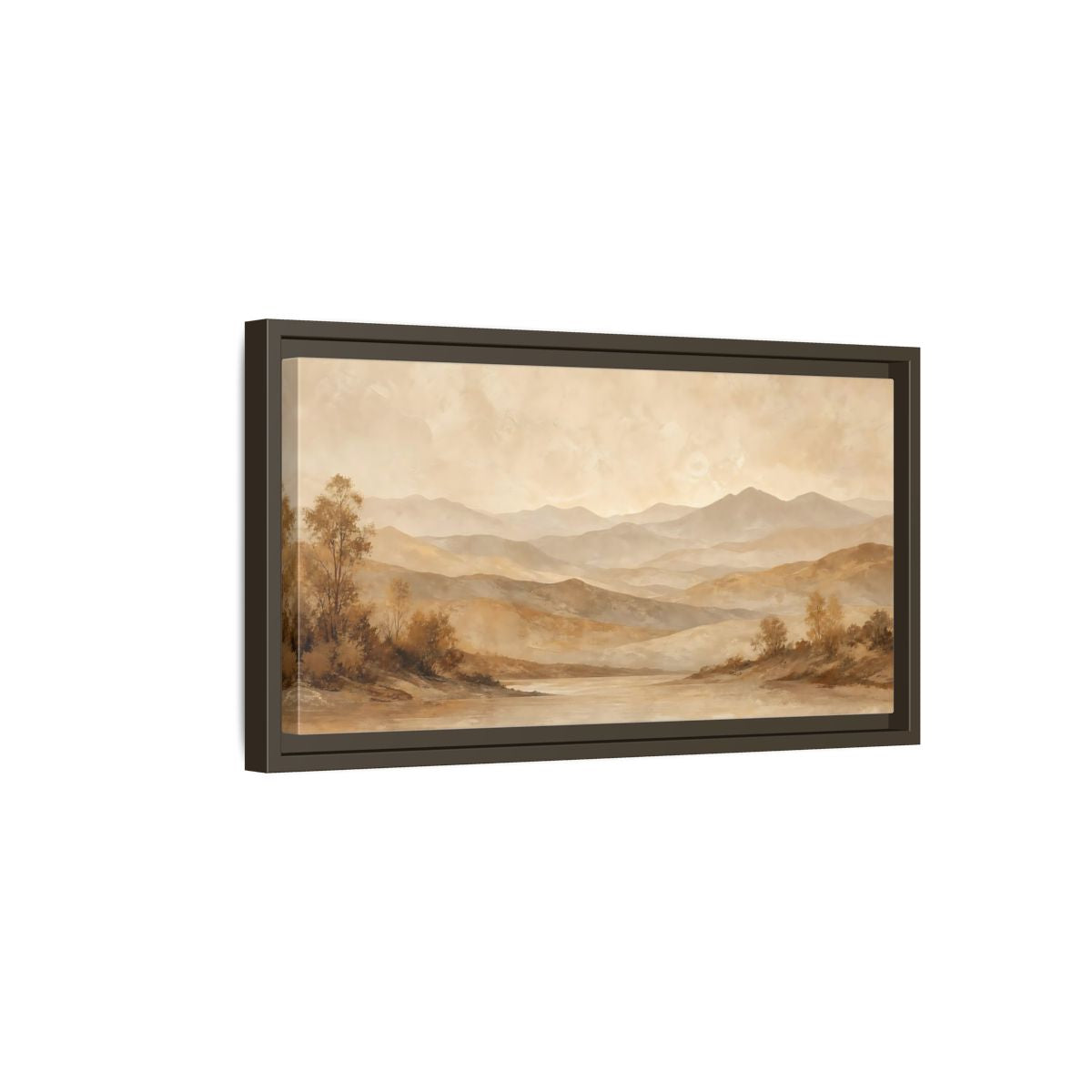 Side Mockup 7. Nature Mountain Lake Brown And Beige Landscape shown as stretched canvas wall art