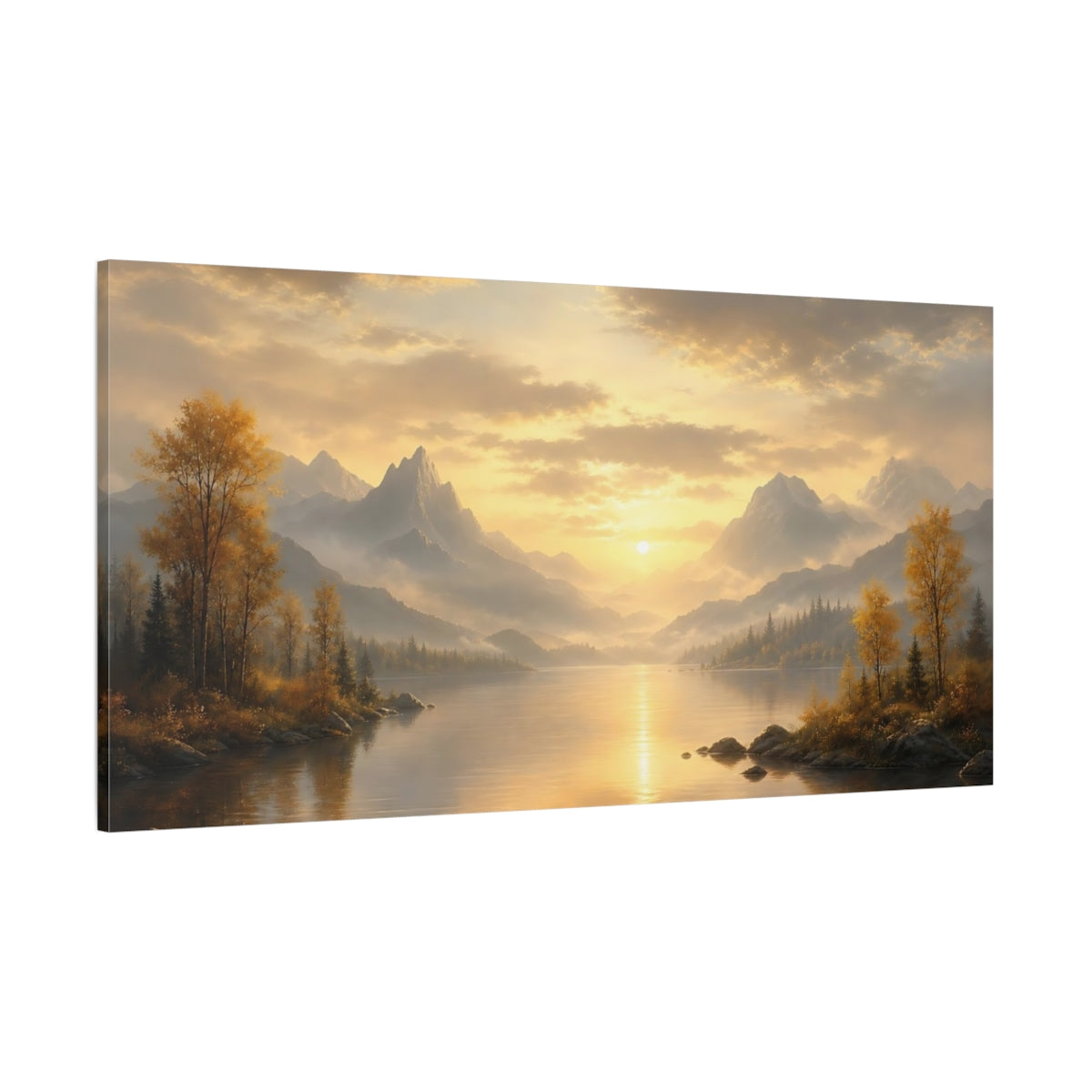 Side Mockup 2. Nature Mountain Lake Golden Mountain Lake shown as stretched canvas wall art