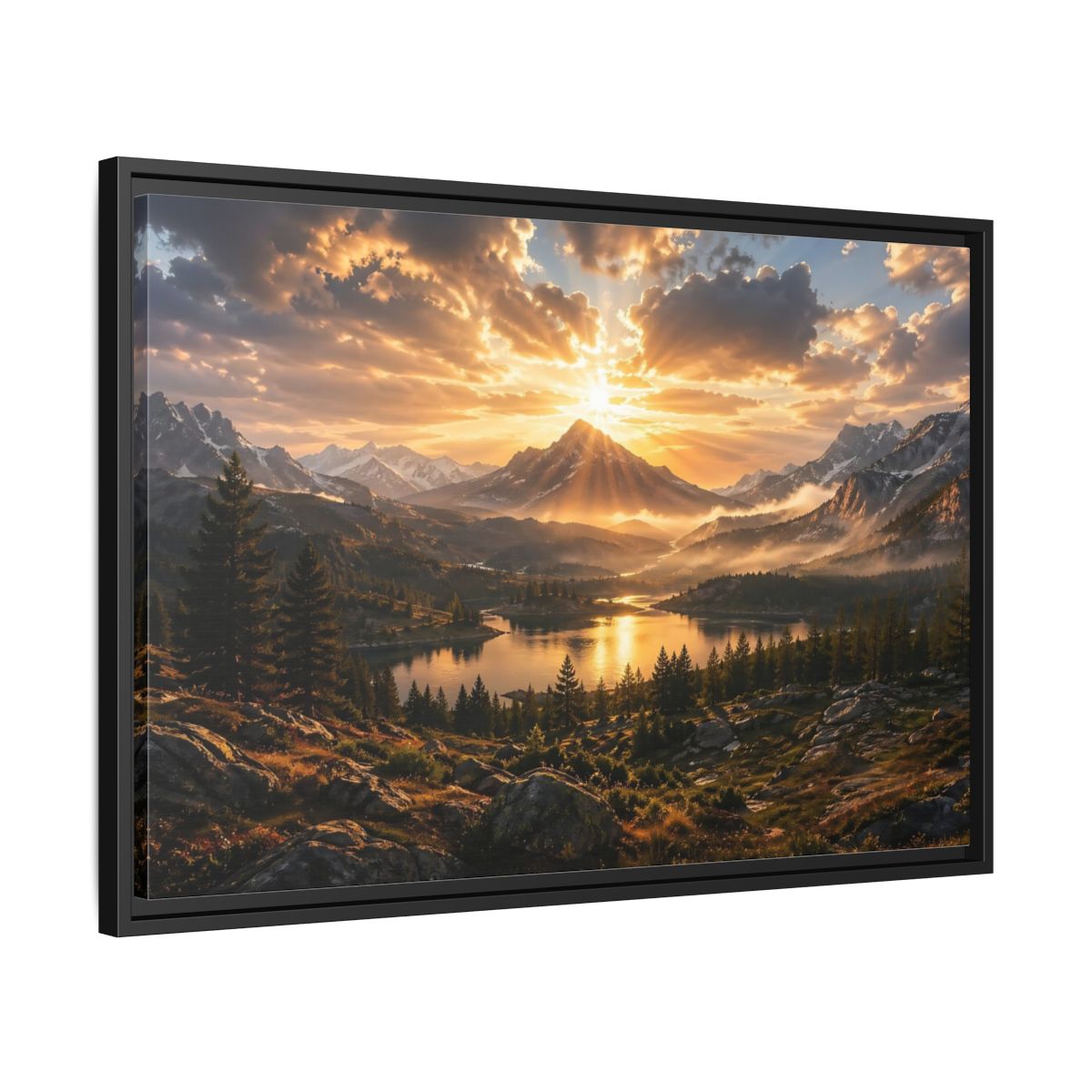 Side Mockup 14. Nature Mountain Lake Golden Mountain Sunset shown as stretched canvas wall art
