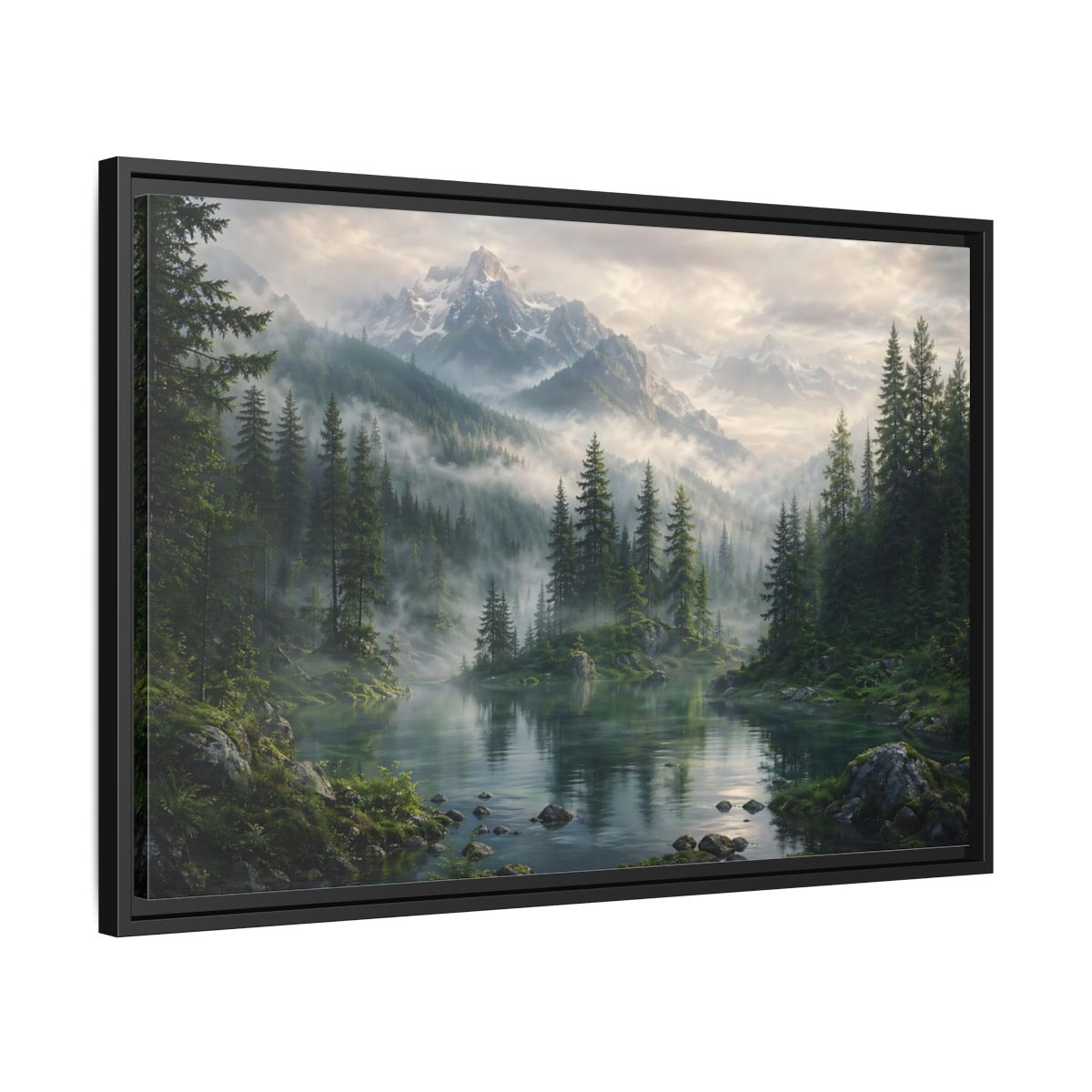 Side Mockup 14. Nature Mountain Lake Misty Mountain Forest shown as stretched canvas wall art