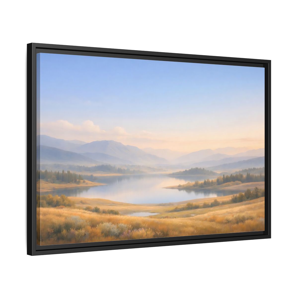 Side Mockup 14. Nature Mountain Lake Misty Mountain Lake shown as stretched canvas wall art