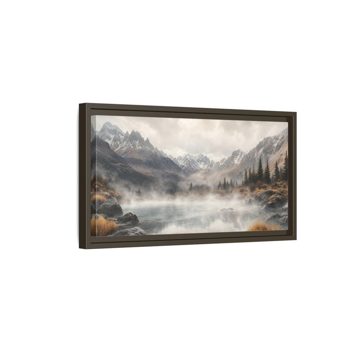 Side Mockup 7. Nature Mountain Lake Misty Mountain Lake shown as stretched canvas wall art