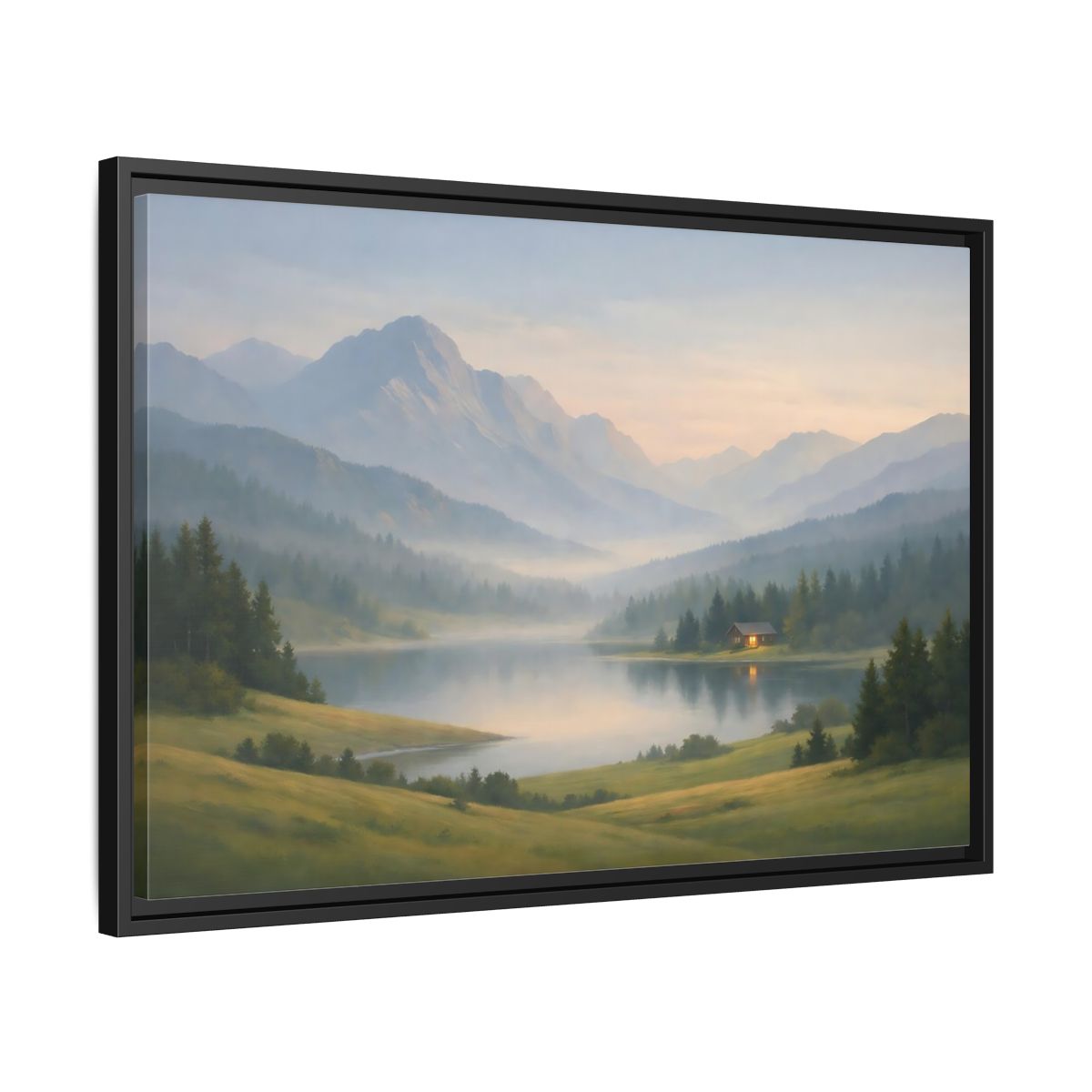Side Mockup 14. Nature Mountain Lake Misty Mountain Lake shown as stretched canvas wall art