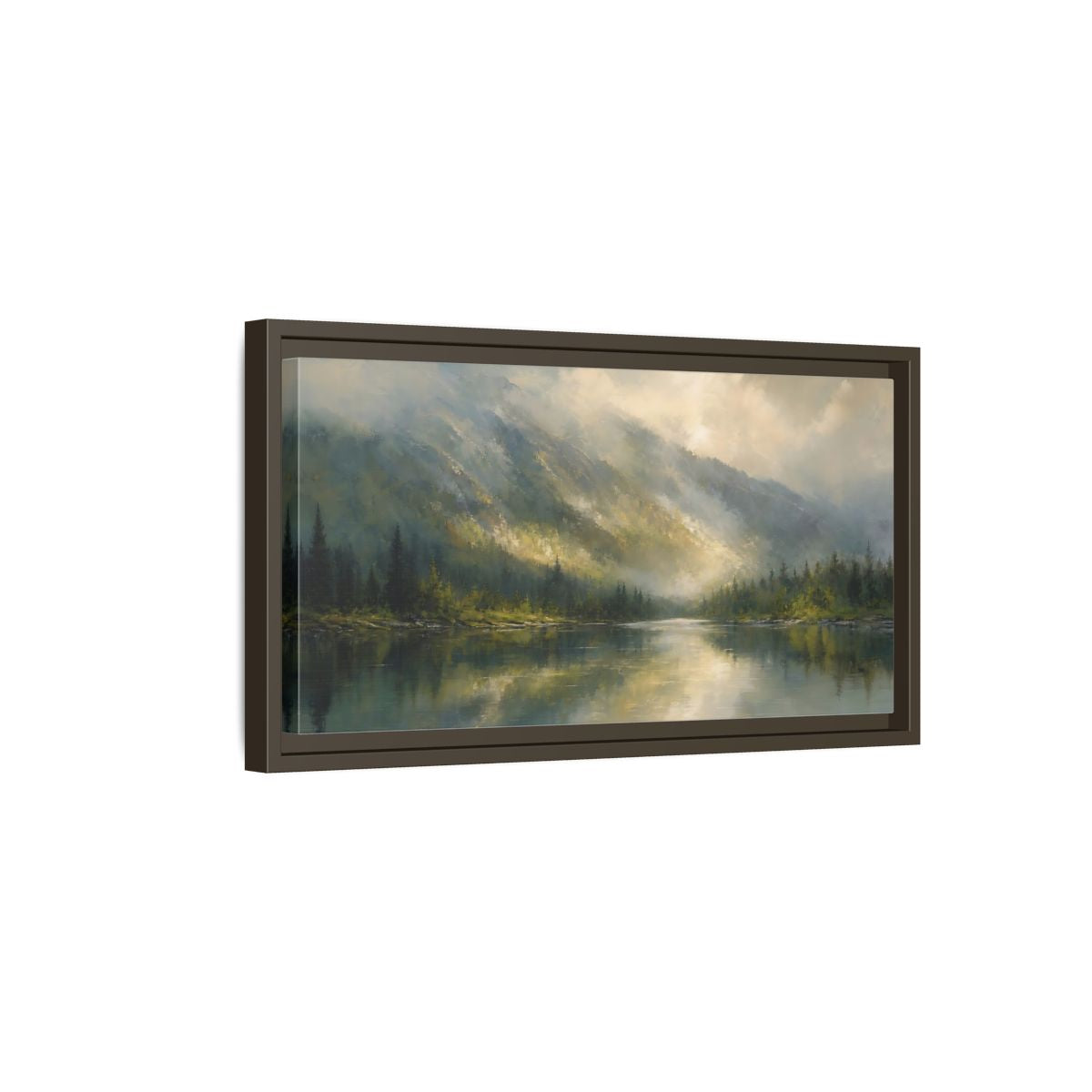Side Mockup 7. Nature Mountain Lake Misty Mountain Lake shown as stretched canvas wall art