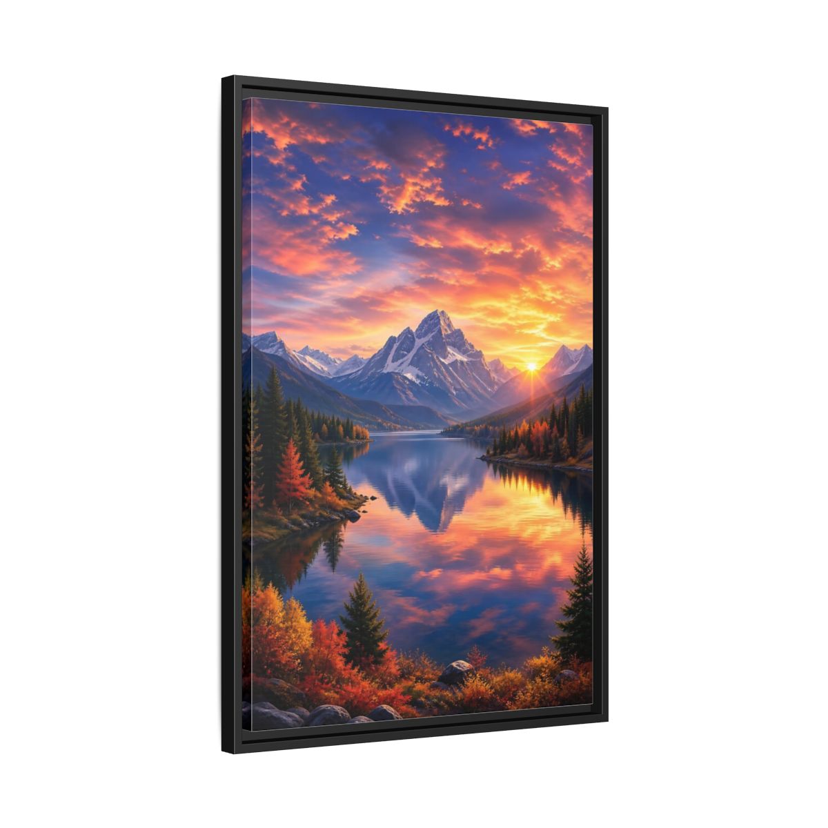 Side Mockup 14. Nature Mountain Lake Orange And Blue Landscape shown as stretched canvas wall art