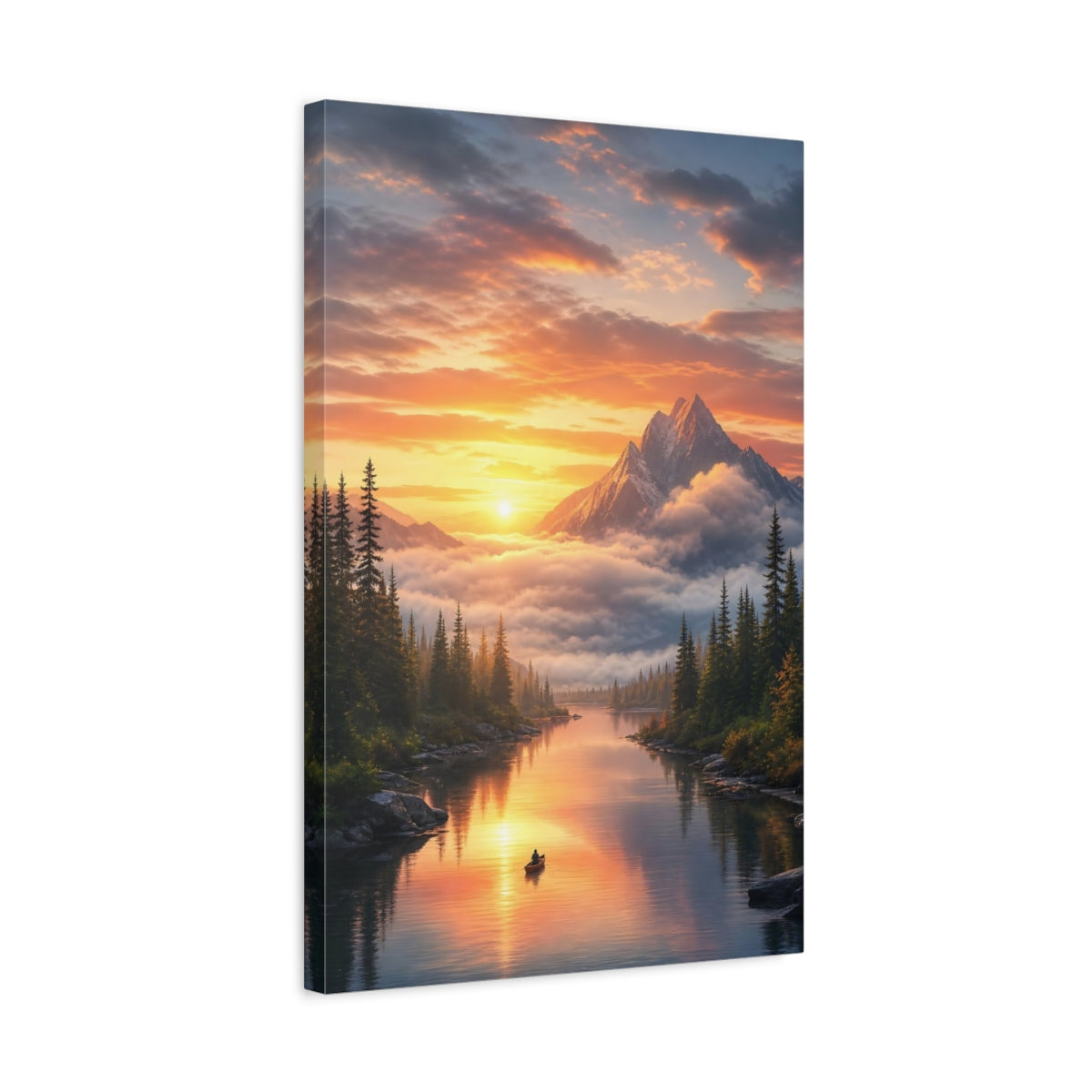 Side Mockup 3. Nature Mountain Lake Orange And Green shown as stretched canvas wall art