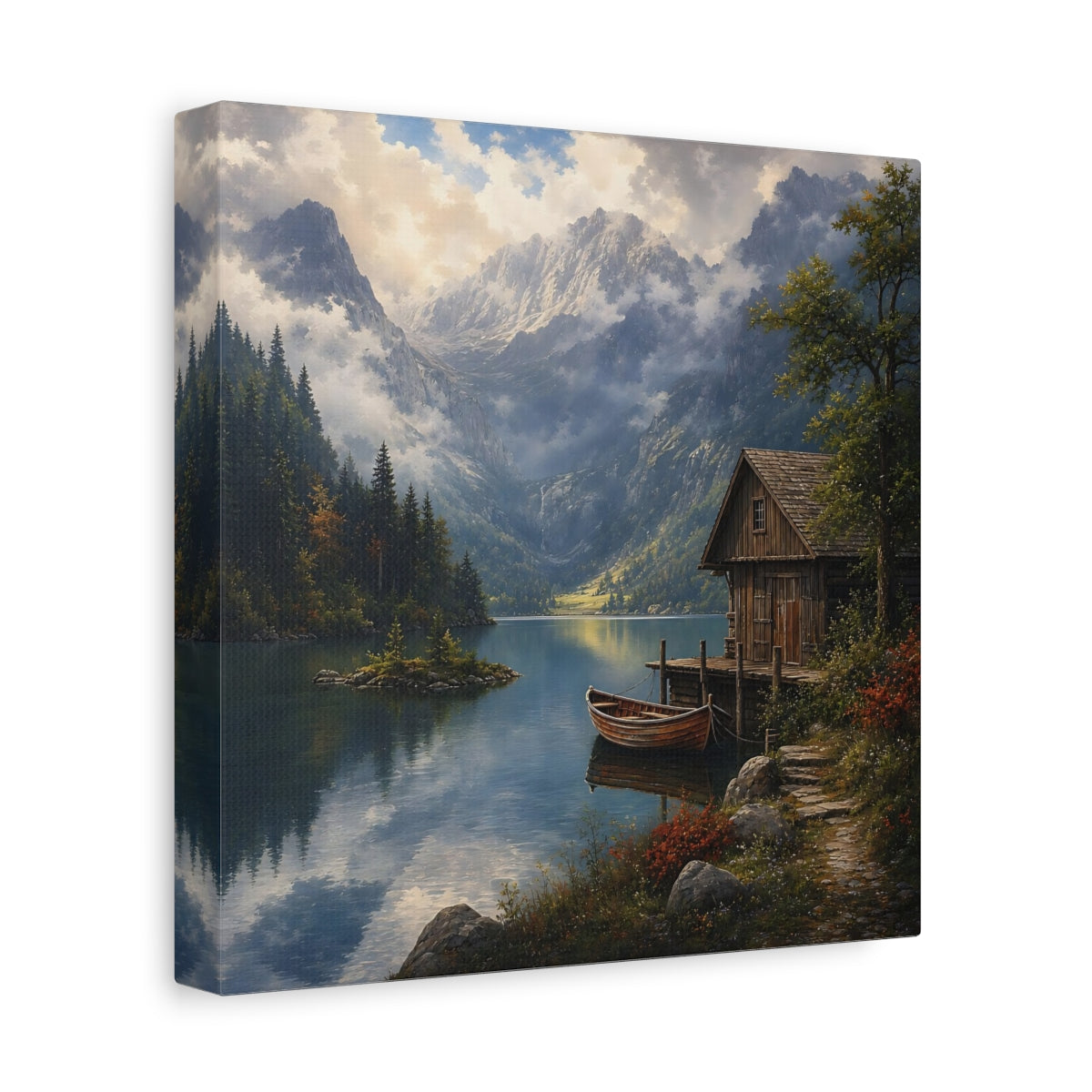 Side Mockup 9. Nature Mountain Lake Mountain Lake Scene shown as stretched canvas wall art