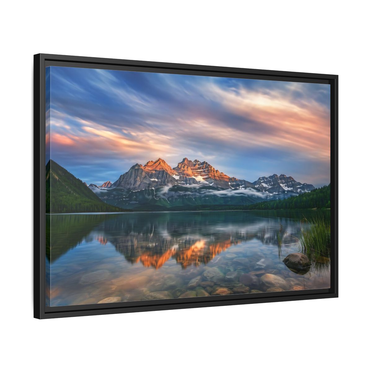 Side Mockup 14. Nature Mountain Lake Mountain Lake Sunset shown as stretched canvas wall art