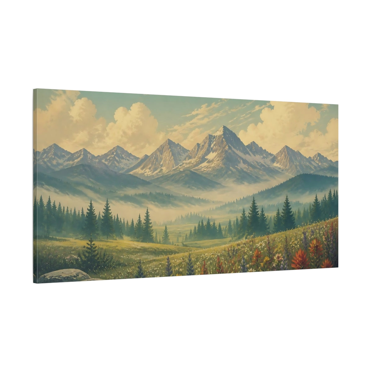 Side Mockup 2. Nature Mountain Meadow Green Blue Mountain shown as stretched canvas wall art