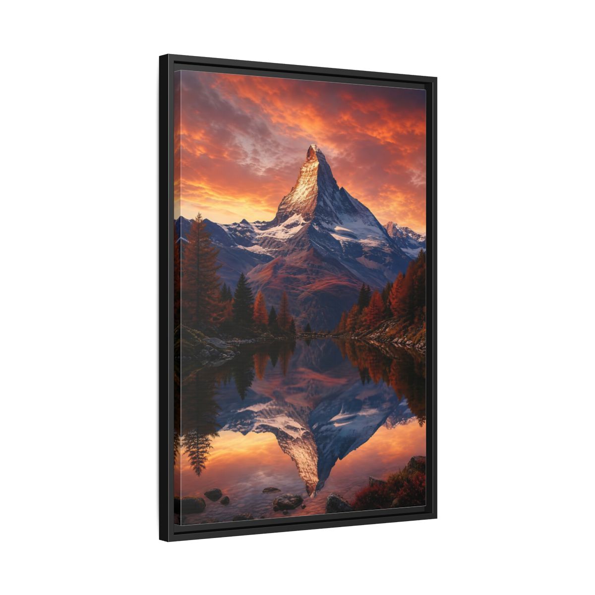 Nature Mountain Orange Lake Framed Canvas Wall Art - Realistic Living Room, Above Console Table shown as canvas wall art