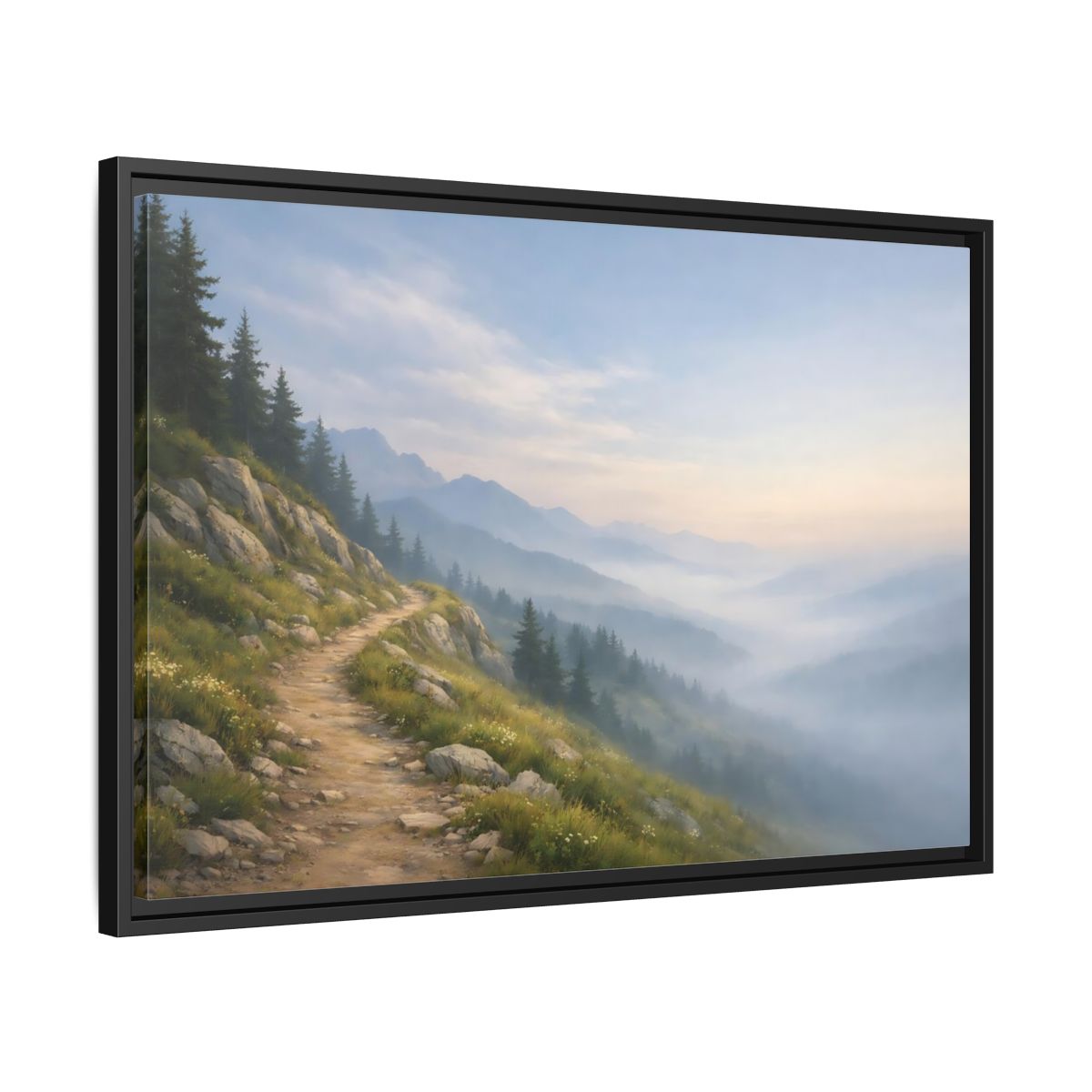Side Mockup 14. Nature Mountain Path Misty Mountain shown as stretched canvas wall art