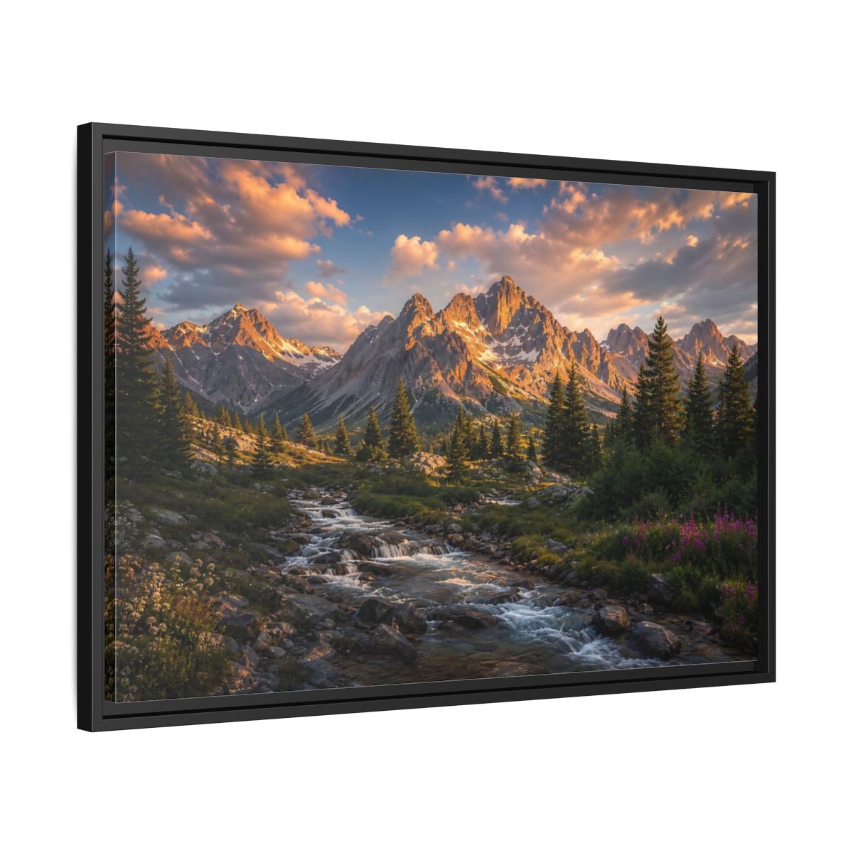 Side Mockup 14. Nature Mountain River Golden Mountain River shown as stretched canvas wall art