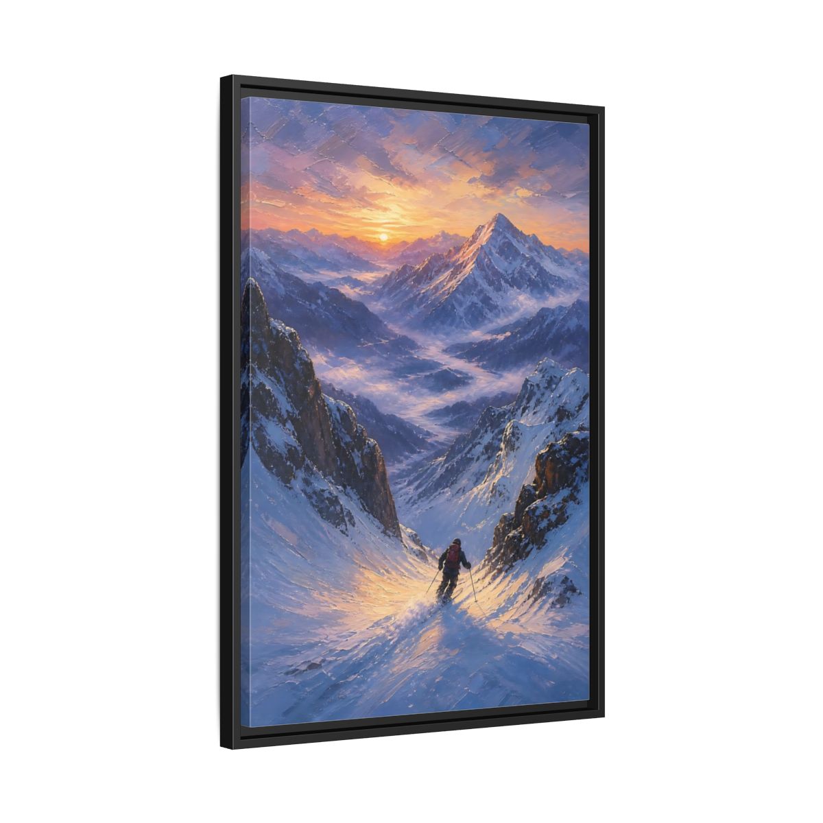 Side Mockup 14. Nature Mountain Skier Snowy Mountain Sunset shown as stretched canvas wall art