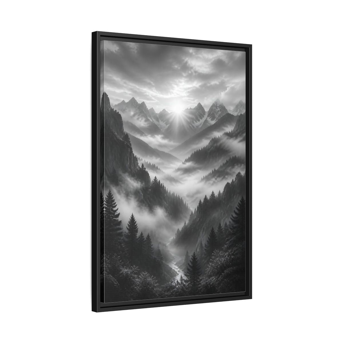 Side Mockup 14. Nature Mountain Valley Black And White shown as stretched canvas wall art