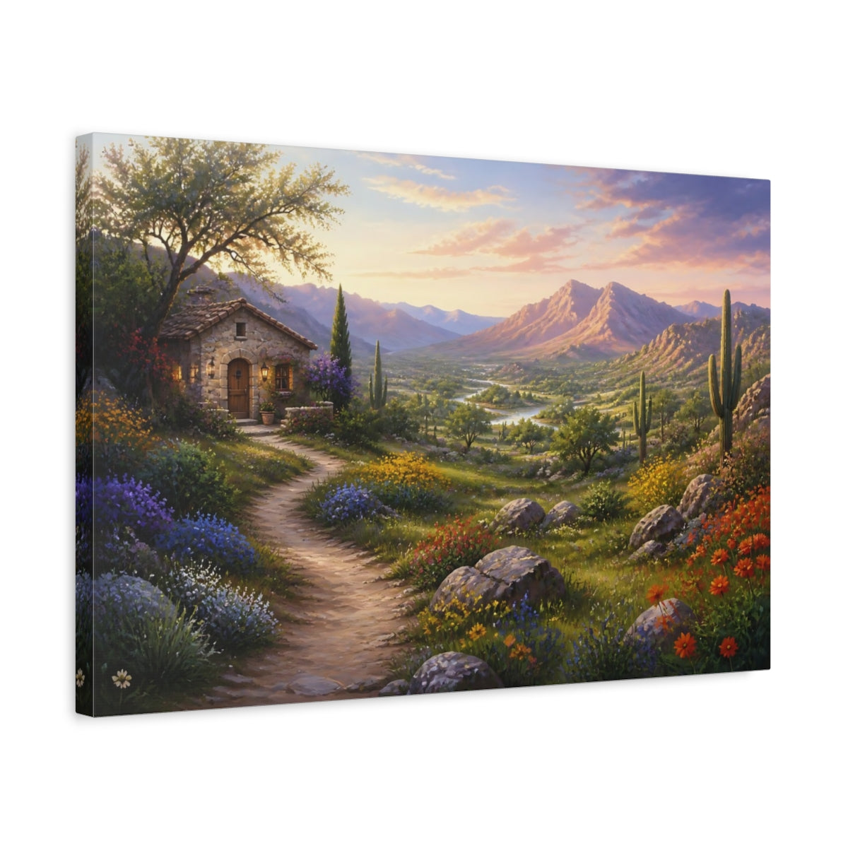 Side Mockup 3. Nature Mountain Valley Desert Valley Sunset shown as stretched canvas wall art