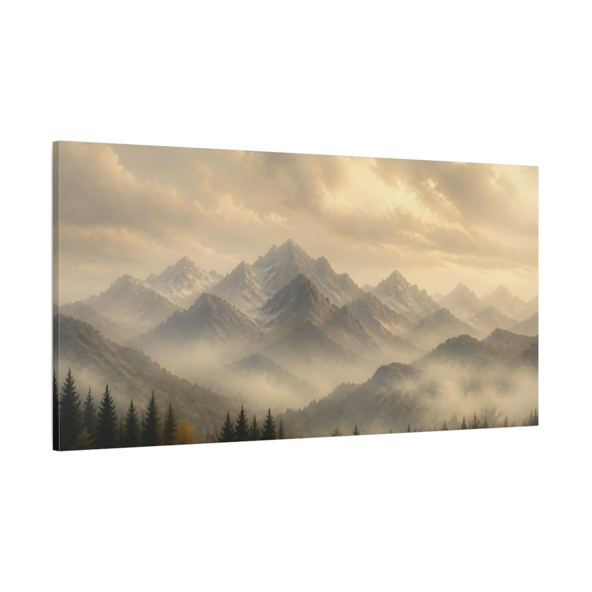 Side Mockup 2. Nature Mountains Golden Haze Landscape shown as stretched canvas wall art