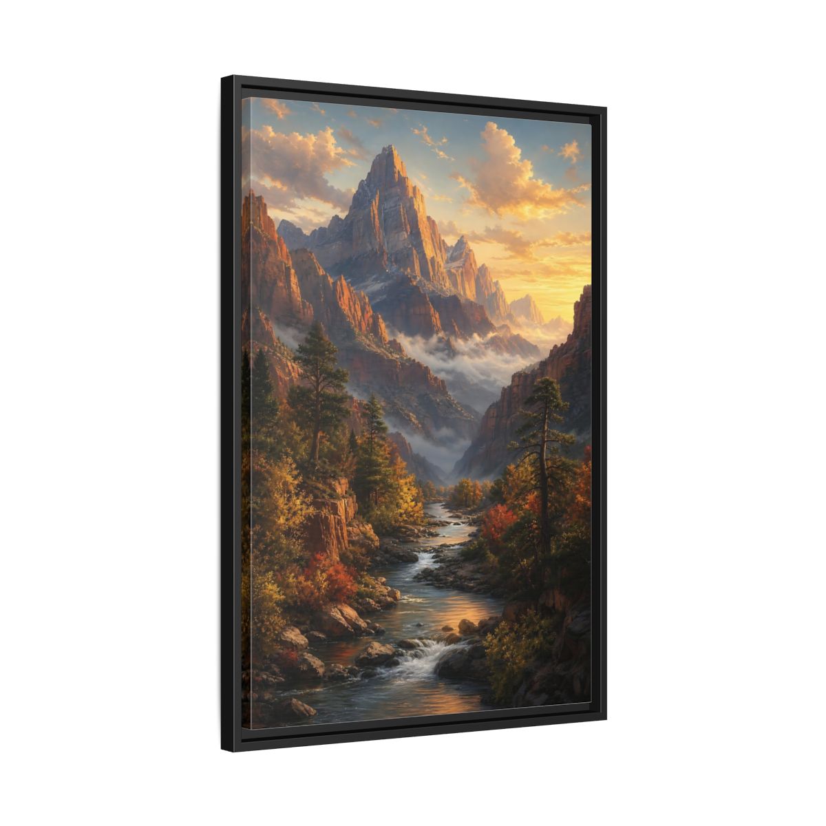 Side Mockup 14. Nature Mountains, River Autumn Mountain Scene shown as stretched canvas wall art