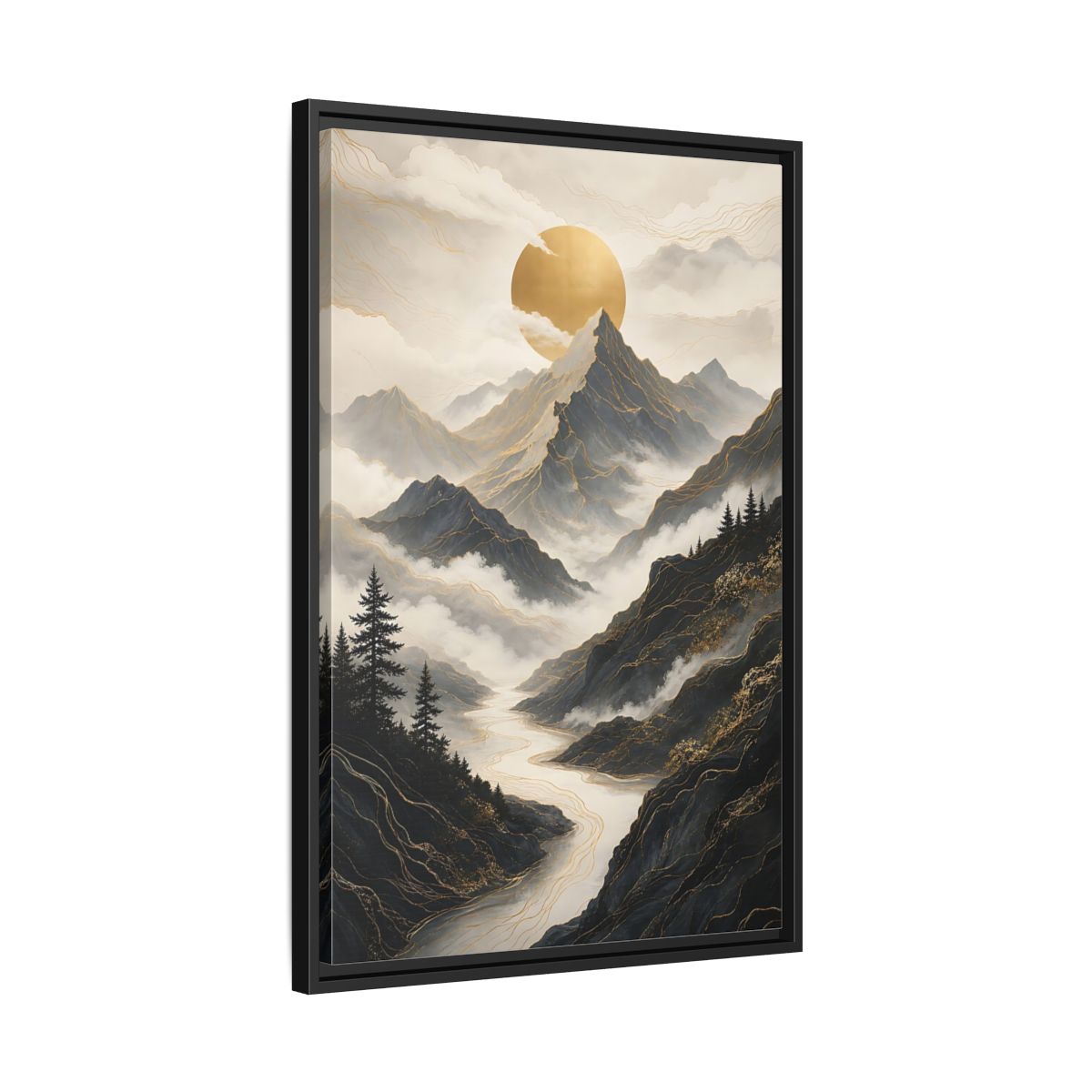 Nature Mountainscape Golden Mountain River Framed Canvas Wall Art - Living Room, Above Console Table shown as canvas wall art