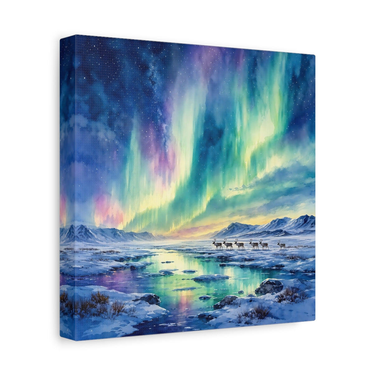 Side Mockup 9. Nature Northern Lights Aurora Borealis shown as stretched canvas wall art