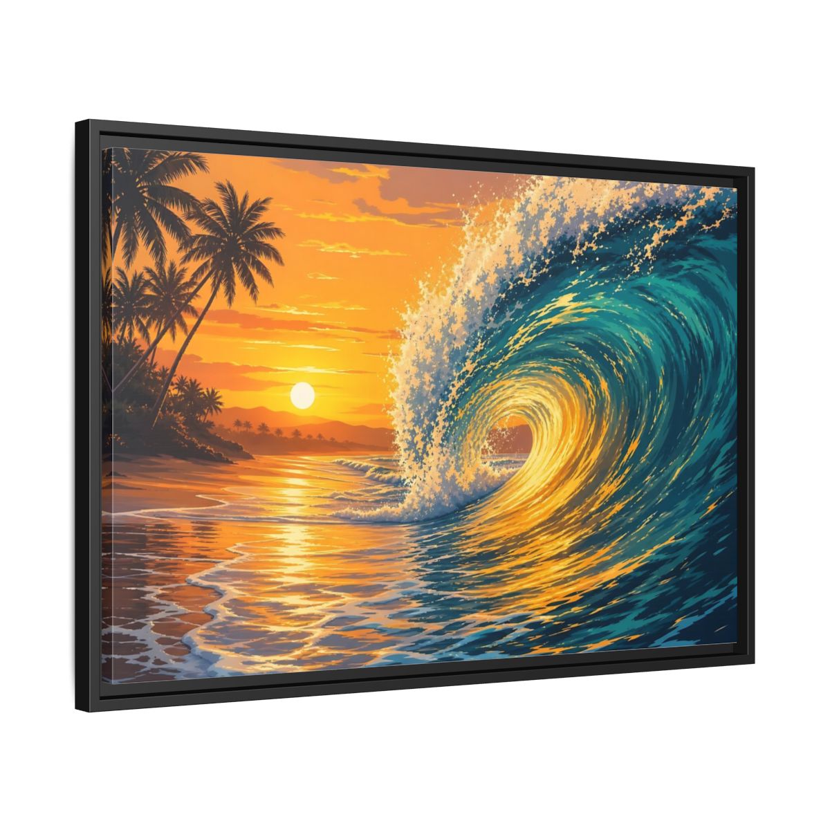 Side Mockup 14. Nature Ocean Wave Orange Blue Wave shown as framed canvas print