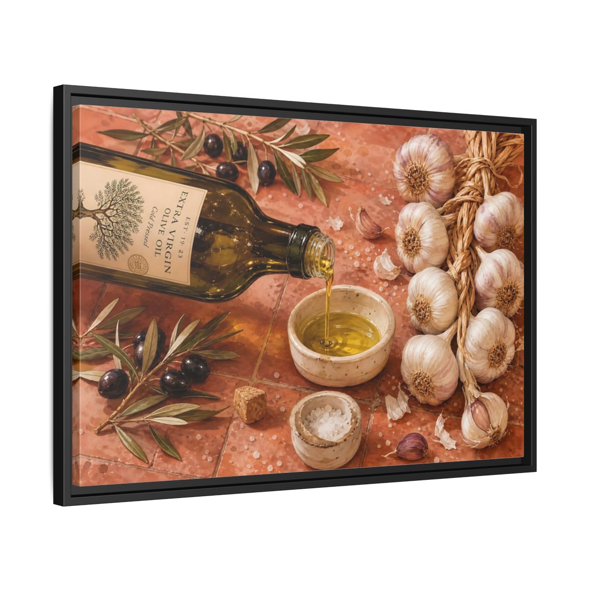 Side Mockup 14. Nature Olive Oil Mediterranean Kitchen shown as stretched canvas wall art
