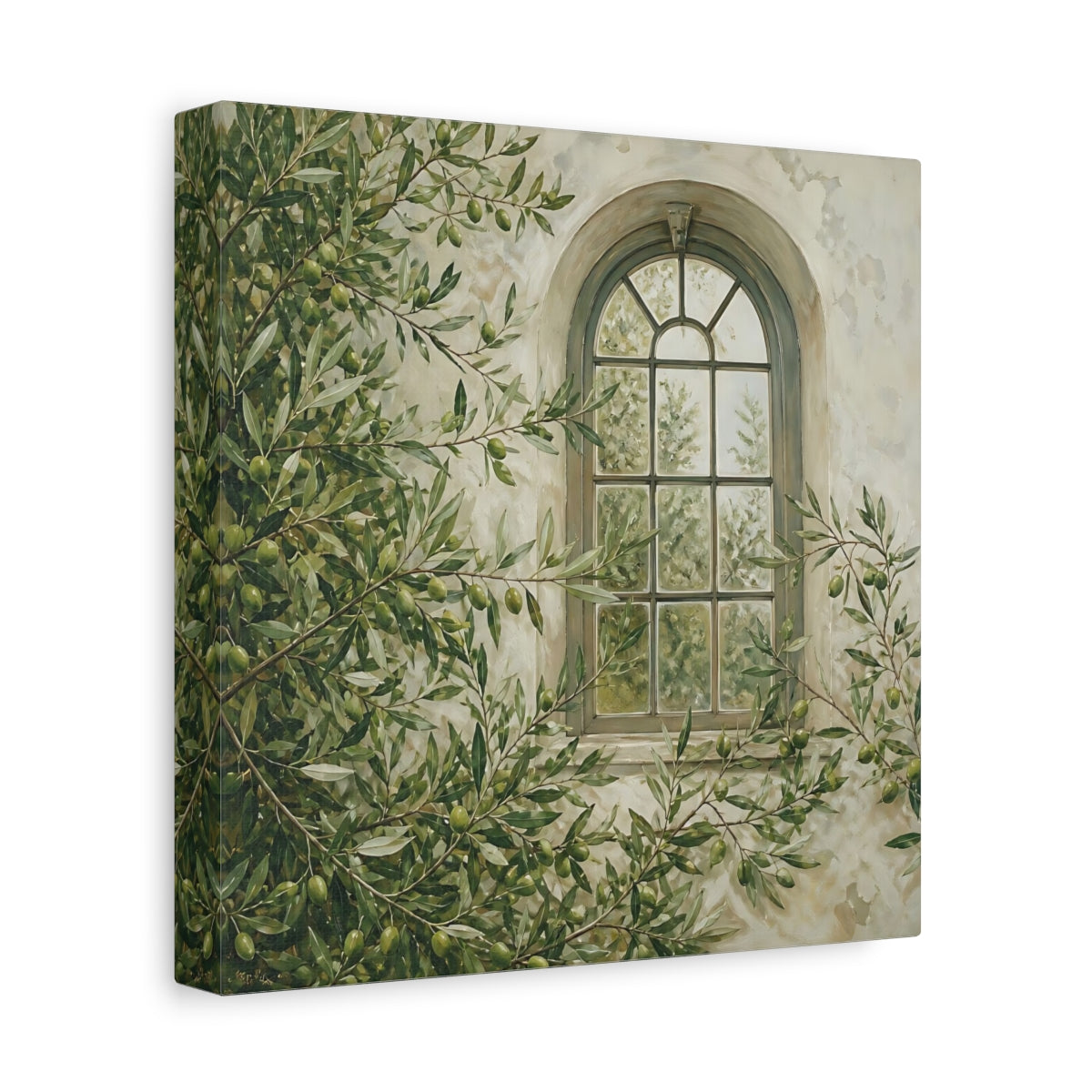 Side Mockup 9. Nature Olive Tree Olive Green Window shown as stretched canvas wall art