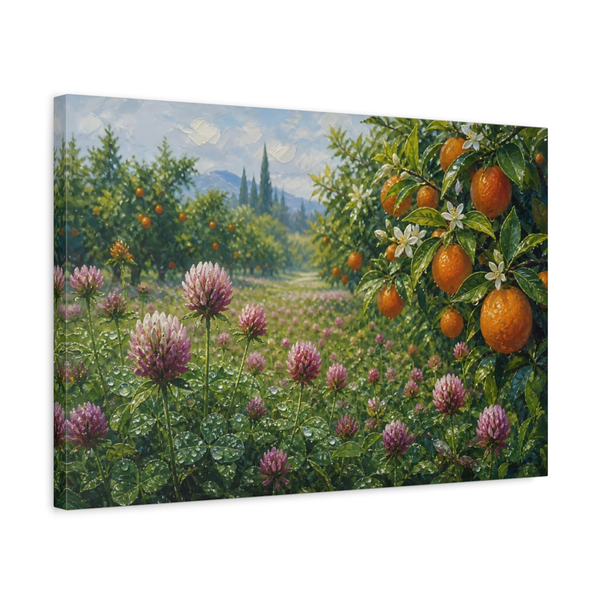 Side Mockup 3. Nature Orange Grove Orange Clover Field shown as stretched canvas wall art