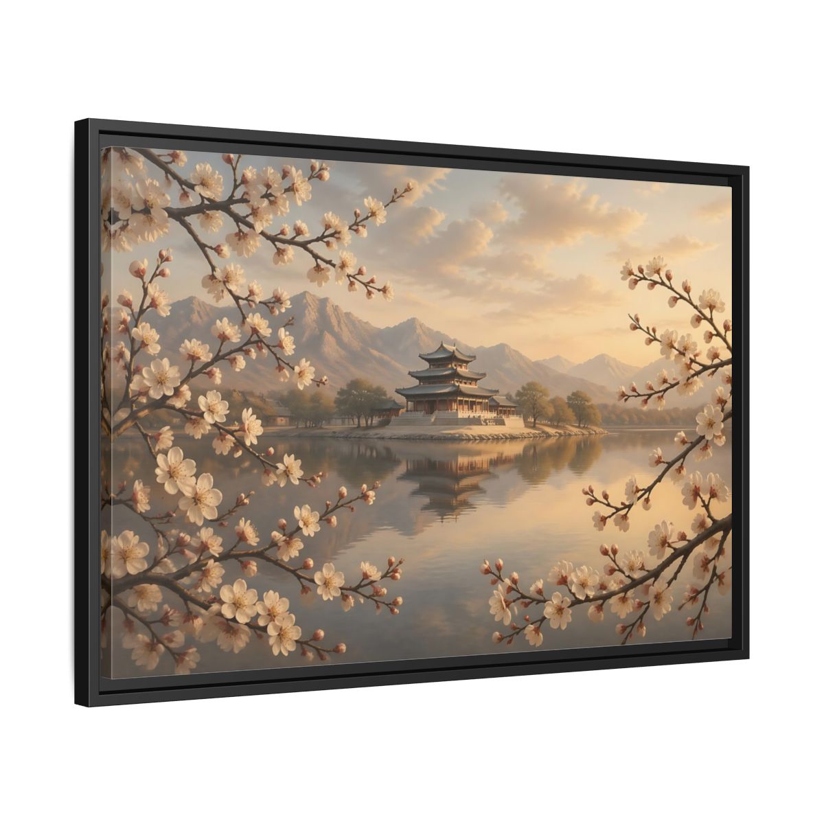 Side Mockup 14. Nature Pagoda Cherry Blossom Pagoda shown as stretched canvas wall art