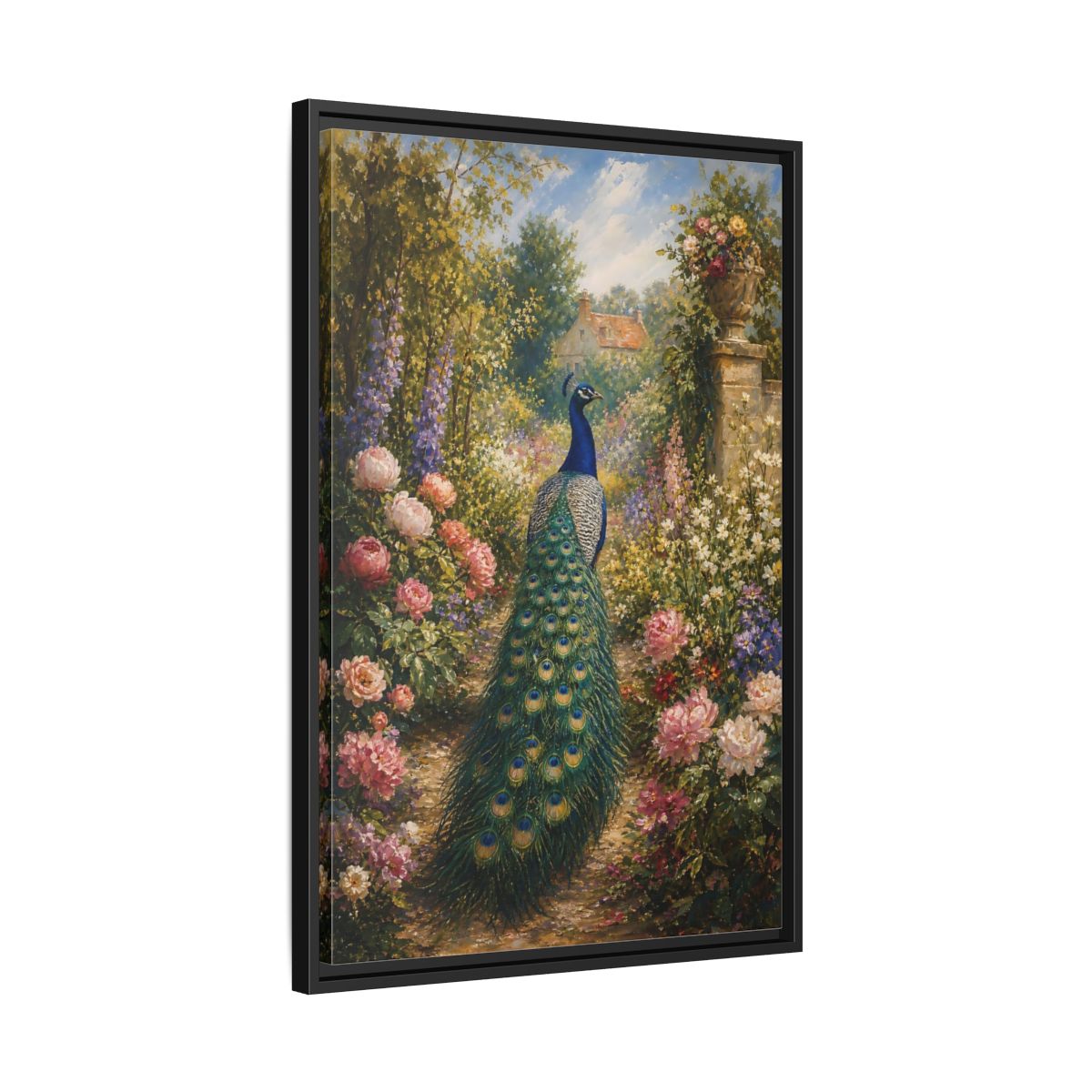 Side Mockup 14. Nature Peacock Peacock Garden shown as stretched canvas wall art