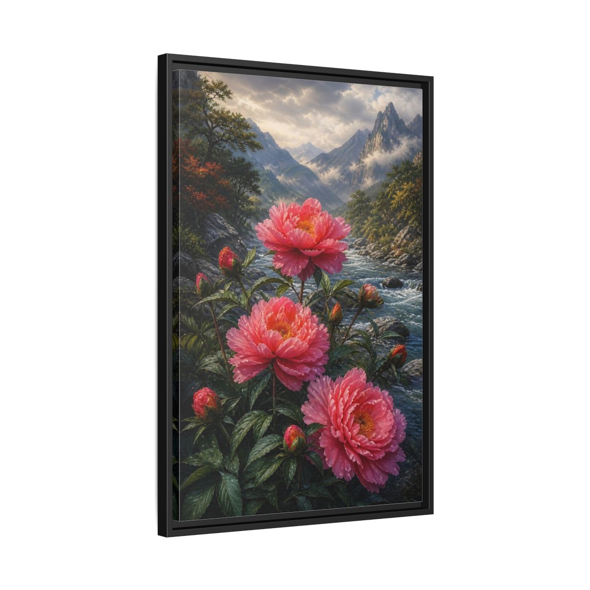 Side Mockup 14. Nature Peony Flowers Pink Peonies River shown as stretched canvas wall art