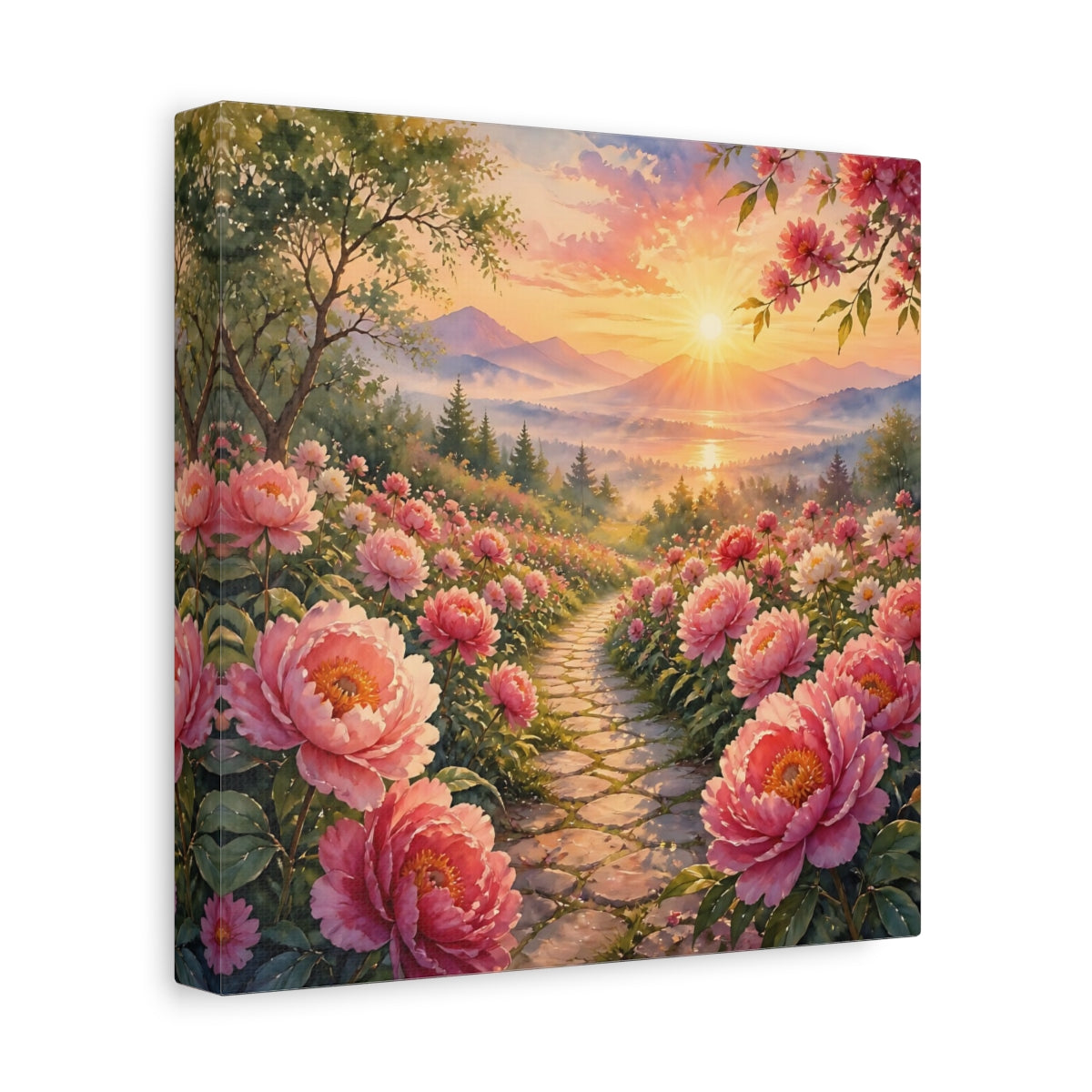Side Mockup 9. Nature Peony Path Pink Flowers Sunset shown as stretched canvas wall art
