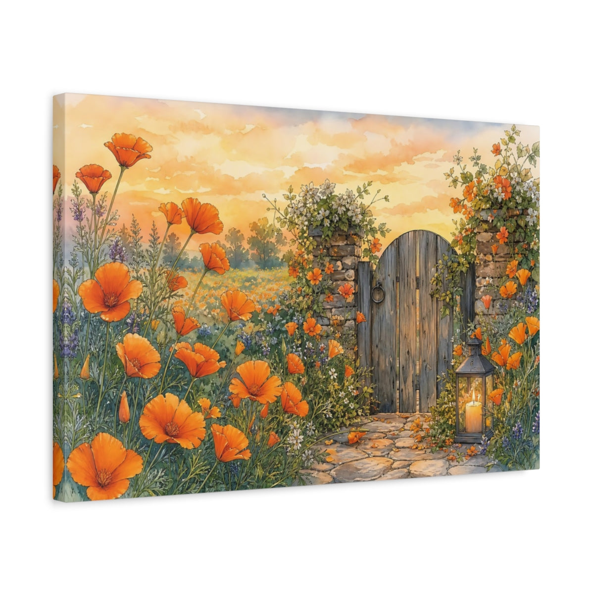 Side Mockup 3. Nature Poppy Field Orange And Yellow shown as stretched canvas wall art