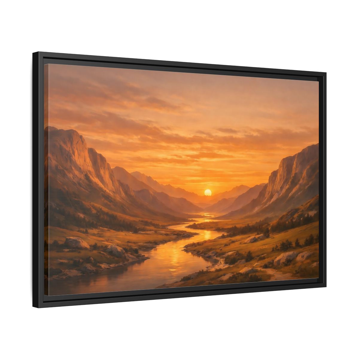 Side Mockup 14. Nature River Valley Golden Valley Sunset shown as stretched canvas wall art