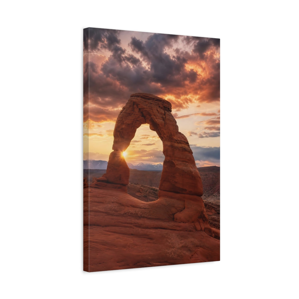 Side Mockup 3. Nature Rock Arch Red Rock Sunset shown as stretched canvas wall art
