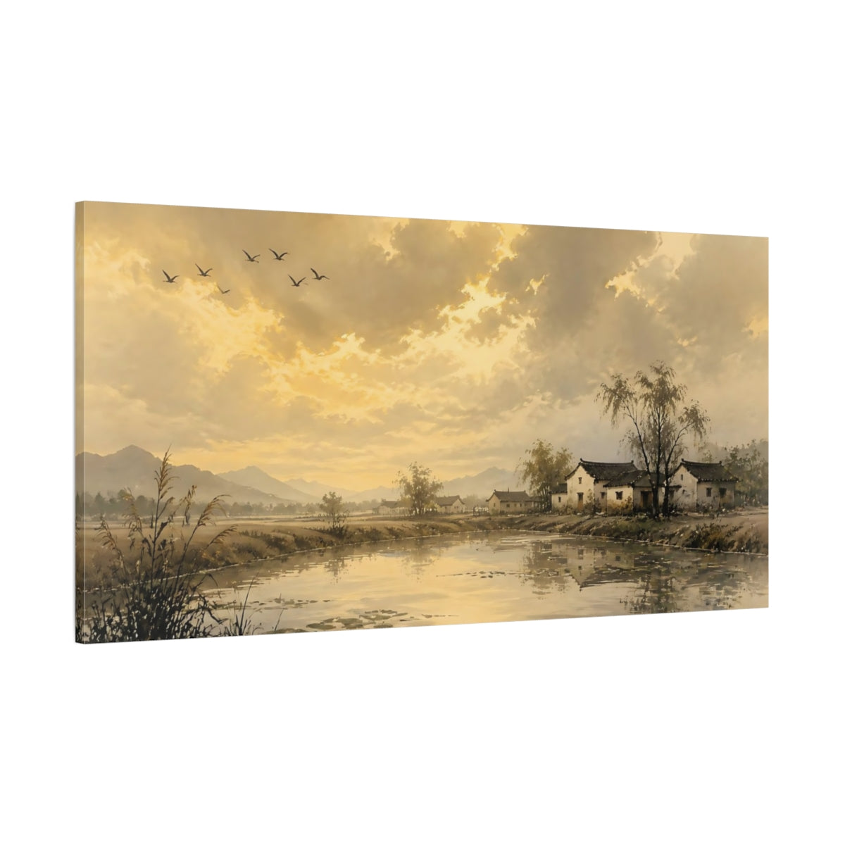 Side Mockup 2. Nature Rural Village Golden Landscape shown as stretched canvas wall art