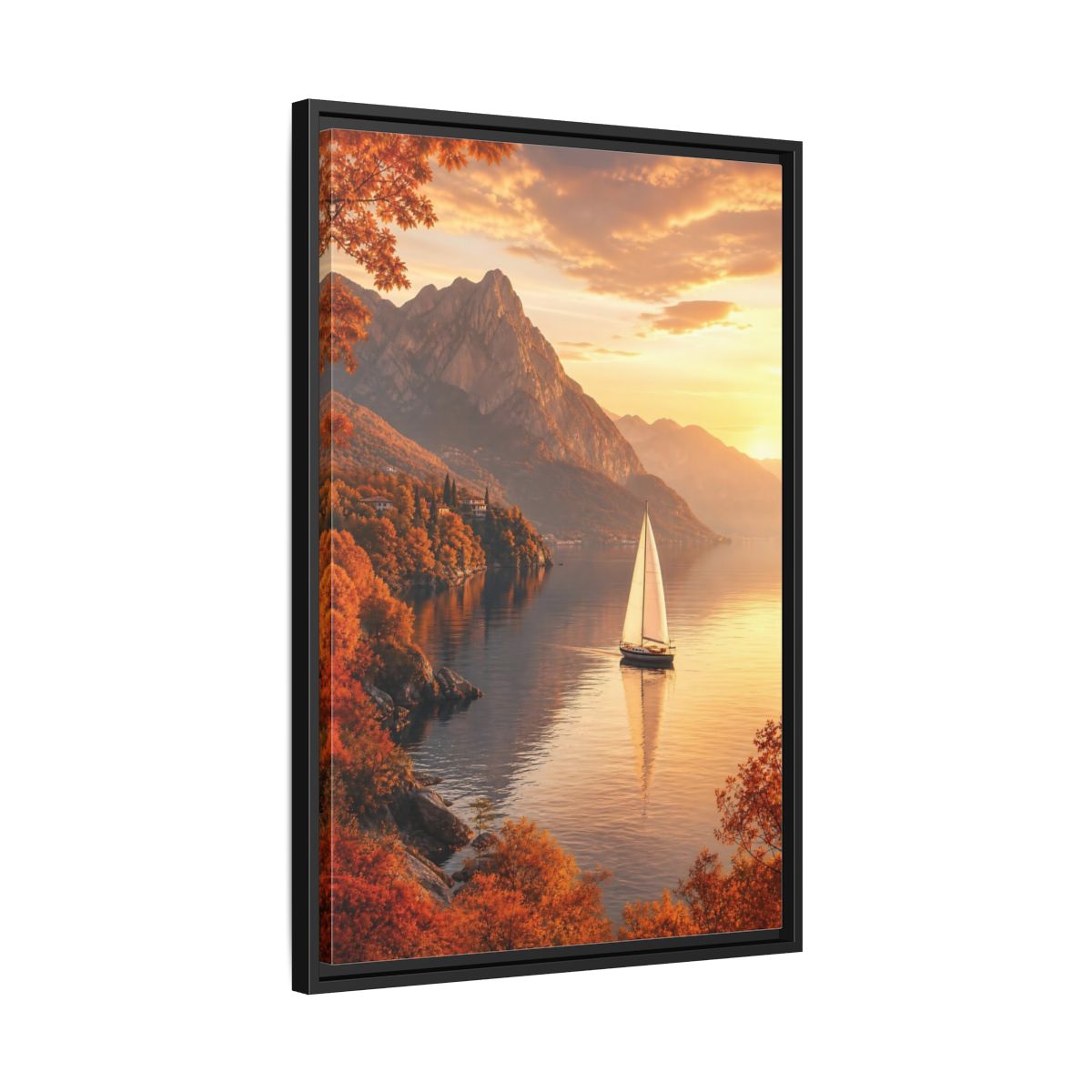 Side Mockup 14. Nature Sailboat Autumn Sunset Lake shown as stretched canvas wall art