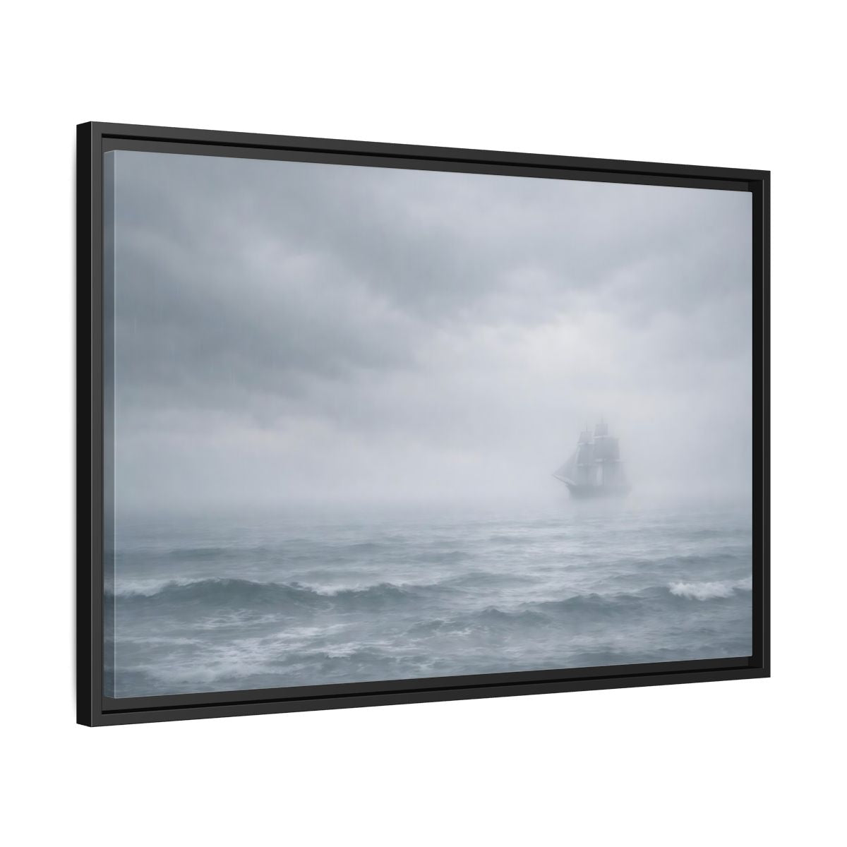 Side Mockup 14. Nature Sailing Ship Gray And White shown as stretched canvas wall art