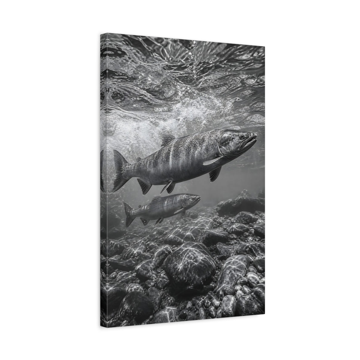 Side Mockup 3. Nature Salmon Monochrome Salmon shown as stretched canvas wall art