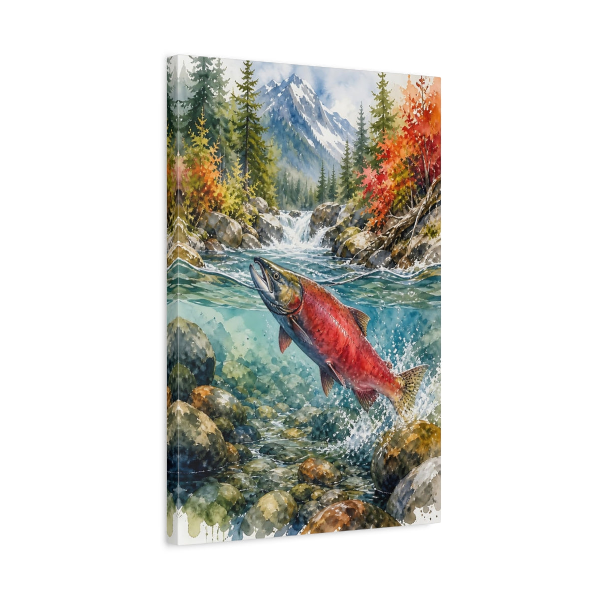 Side Mockup 3. Nature Salmon Red Salmon Autumn River shown as stretched canvas wall art