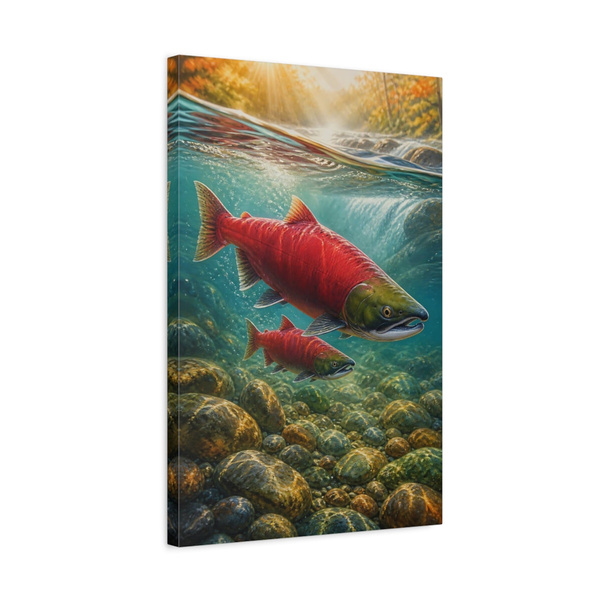 Side Mockup 3. Nature Salmon Red Salmon shown as stretched canvas wall art