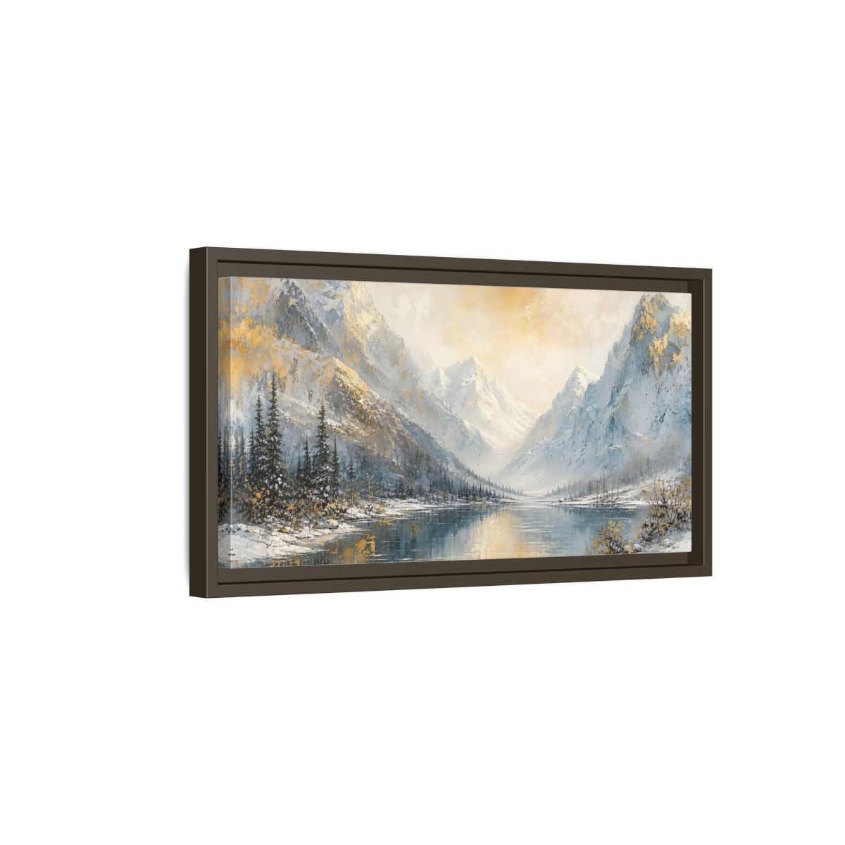 Side Mockup 7. Nature Snowy Mountains Gold And Blue Landscape shown as stretched canvas wall art