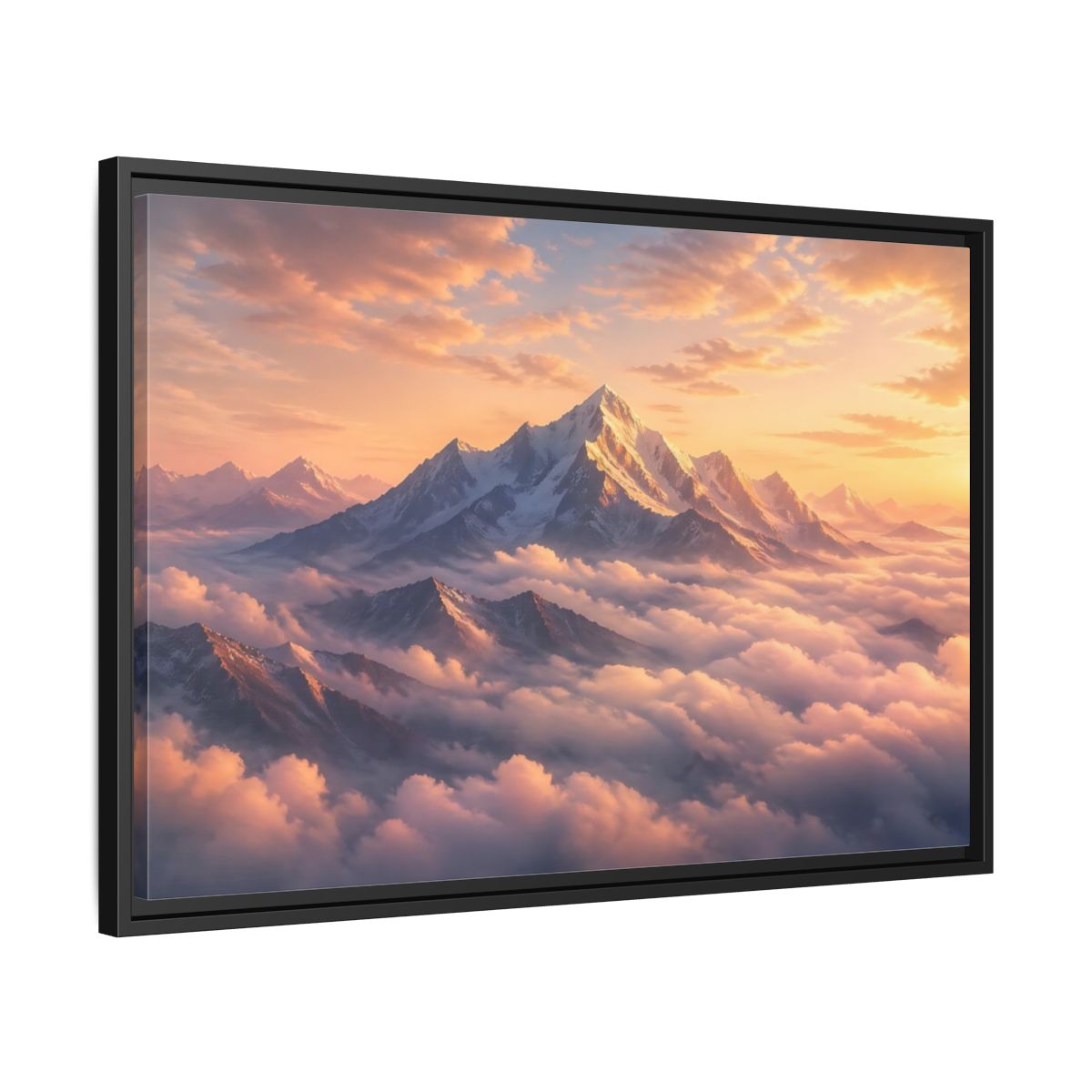 Side Mockup 14. Nature Snowy Mountains Orange Mountain Sunrise shown as stretched canvas wall art