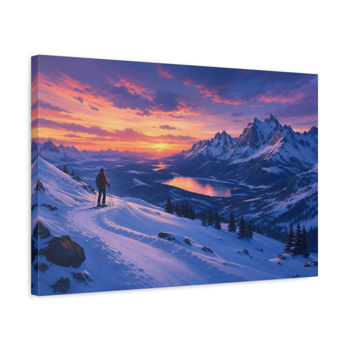 Side Mockup 3. Nature Snowy Mountains Purple Orange Sunset shown as stretched canvas wall art