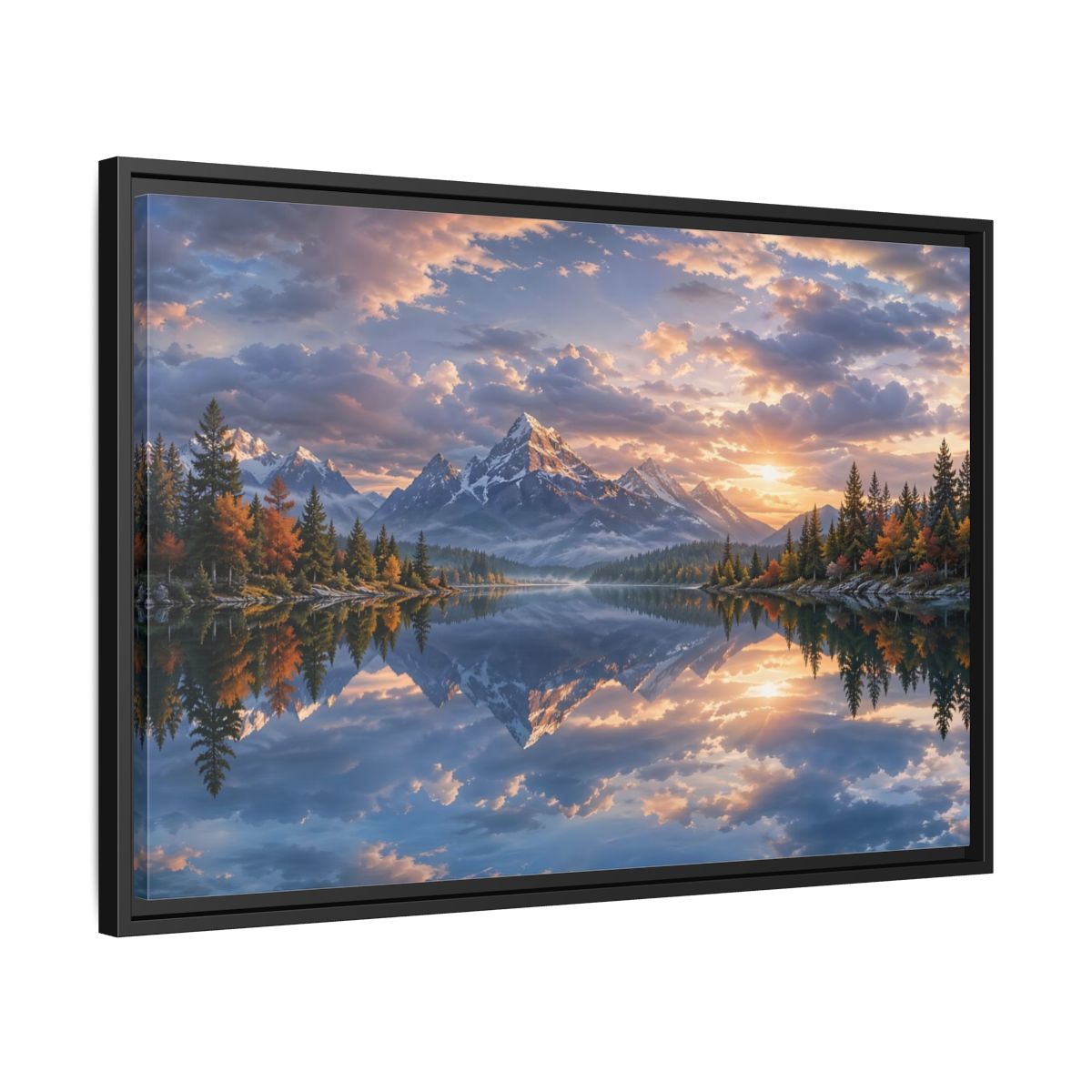 Side Mockup 14. Nature Snowy Mountains Sunset Mountain Lake shown as stretched canvas wall art